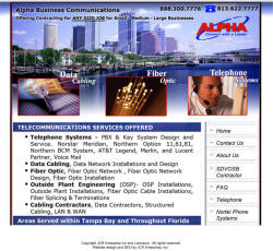 Website Design by JCR Enterprise shows a telecommunications company website, including images of fiber optic cable and telephone, shown against the backdrop of the city of Tampa skyline